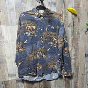 Vintage North River Labrador Dog Duck Hunting Patterned Long Sleeve Button-Up Sh
